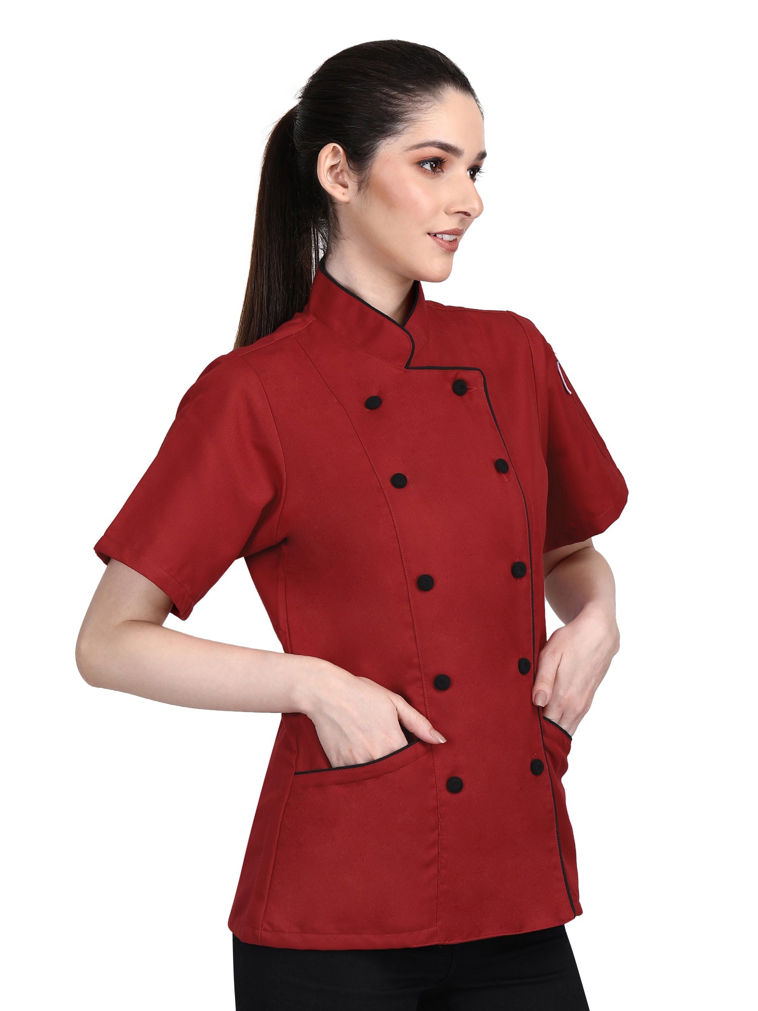 Short Sleeves Tailored Fit Chef Coat Jacket Uniform for Women for Food Service, Caterers, Bakers and Culinary Professional – Red